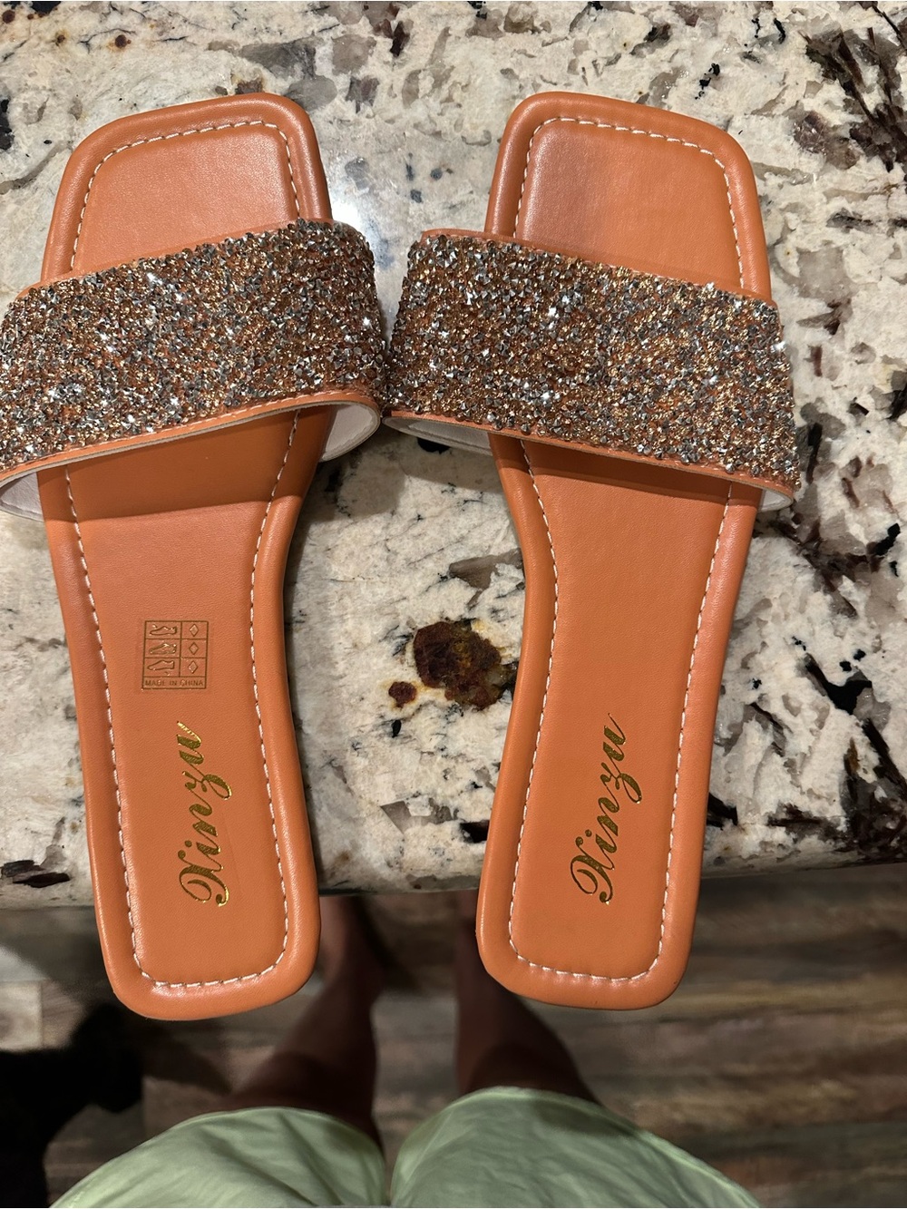 Vince Glitter Slide Sandals in Tan